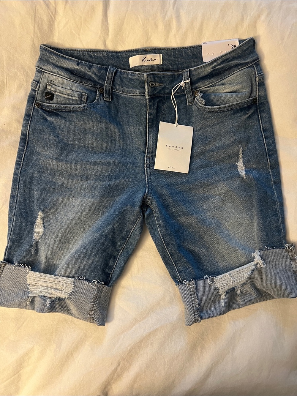 KanCan Blue Distressed Denim Bermuda Shorts with Rolled Hem
